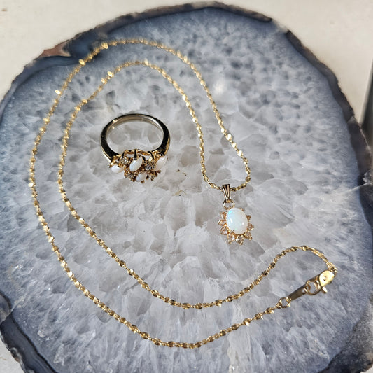 Vintage 14k Gold Opal and Diamond Necklace and Ring Set